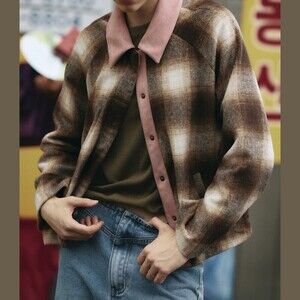 Brown Buffalo Plaid Flannel Contrast Pink Collar Button Front Shirt Jacket